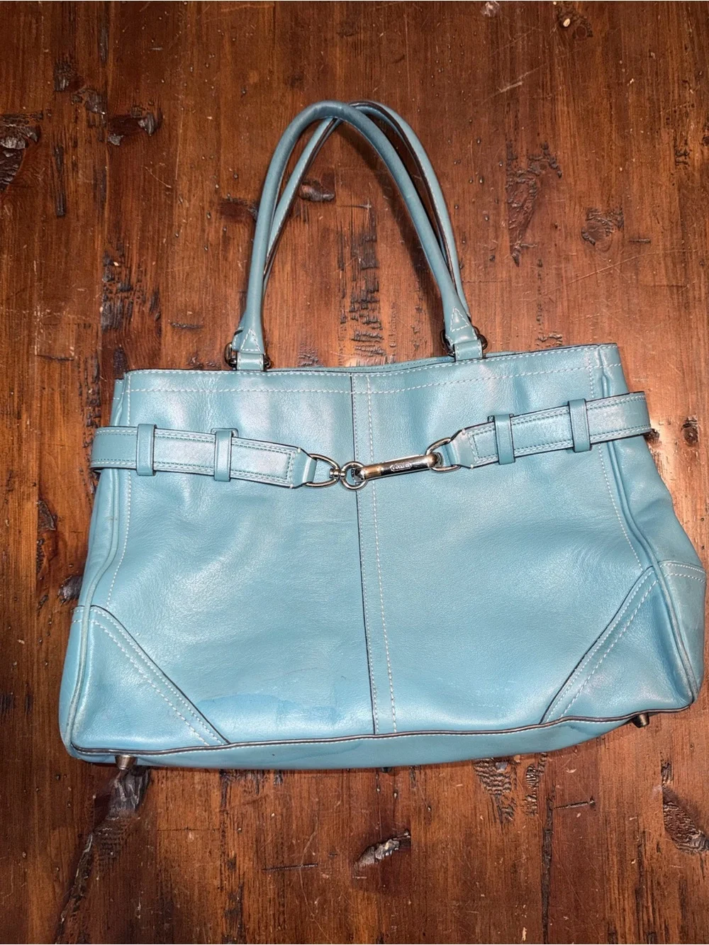 Women’s Light Blue Leather Tote Bag with Horsebit Accent